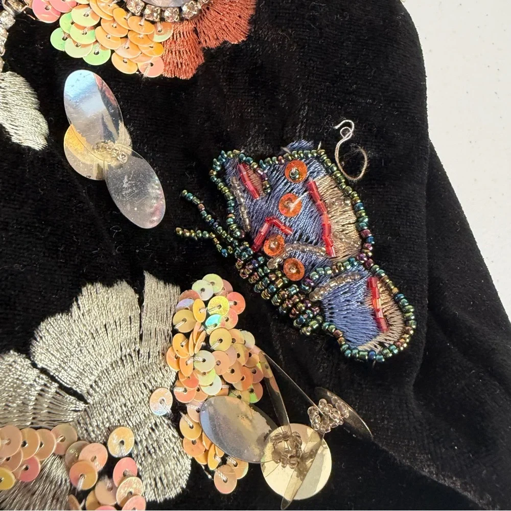 Y2K Black Velvet Sequin Butterfly Shoulder Bag Floral Beaded Boho Purse vintage - Picture 6 of 14